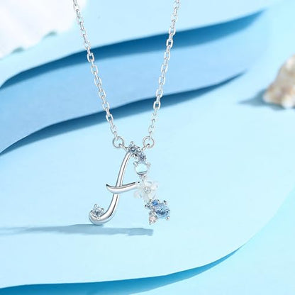 VIKI LYNN Initial Necklace for Women 925 Sterling Silver Initial A to Z Letter Pendant Necklace with Blue Flower Cubic Zirconia Birthday Engagement Gift for Women,Mom, Couple - style: Letter A