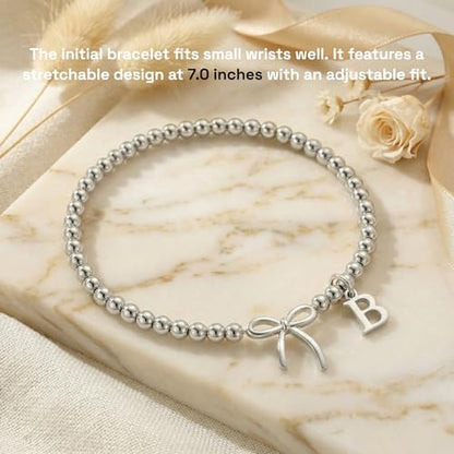 Letter A-Z Bracelets for Women Teen - Inital Beaded Bracelet with Bowknot Charm, Dainty Stretch Stackable Bracelet, Trendy Jewelry Gifts for Birthday Easter Basket Stuffers - style: Silver: H