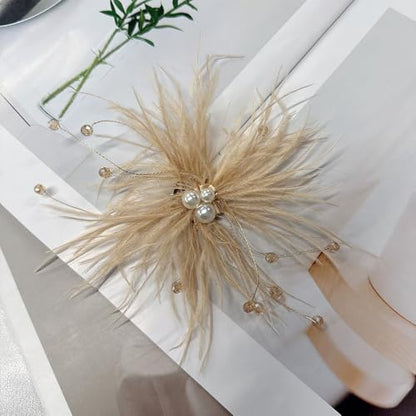 Elegant Feather Flower Pearl Cz Large Brooch Pin for Women Men Rhinestone Crystal Floral Lapel Pins Wedding Party Banquet Dress Suit Clothes Accessories Fashion Jewelry 180mm - color: Khaki