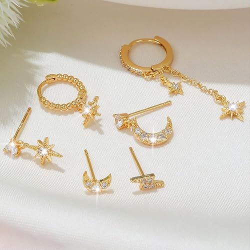 Gold Plated Ear Cuff Earrings for Women Non Piercing - Hypoallergenic Ear Cuffs Silver/Gold Non Tarnish Clip on Cartilage Earrings Fake Earring Set - color: D6:moon and star earrings