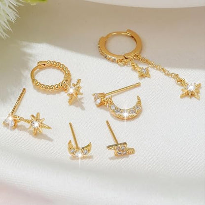 Gold Plated Ear Cuff Earrings for Women Non Piercing - Hypoallergenic Ear Cuffs Silver/Gold Non Tarnish Clip on Cartilage Earrings Fake Earring Set - color: D6:moon and star earrings