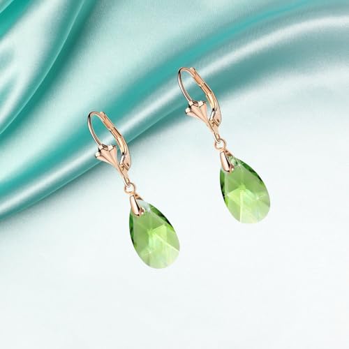 Austrian Crystal Teardrop Leverback Dangle Earrings for Women Fashion 14K Gold Plated Hypoallergenic Jewelry - color: Green
