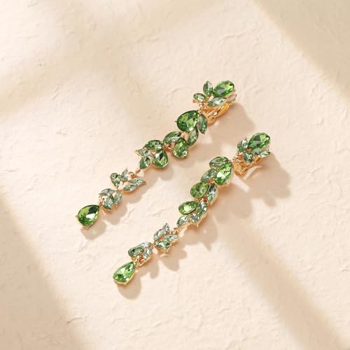 Crysdue Clip On Earrings for Women Rhinestone Crystal Teardrop Cluster Wedding Bridal Non Pierced Long Dangle Earring for Prom Party - color: Light Green Silver-Tone