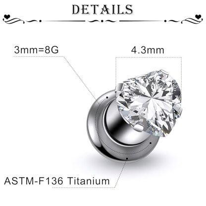 Astm F136 Titanium Heart CZ Ear Gauges Screw Fit Flesh Tunnels Plugs Gauges Earring Expander Stretcher Ear Tunnels For Ears 10G 8G 6G 4G 2G 0G 00G Plug Earrings Piercing Jewelry For Women Men - color: 8G Gauges