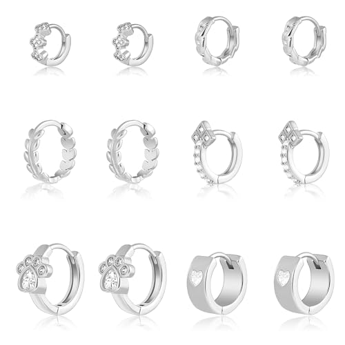 Wgoud Small Gold Hoop Earrings Set for Women, 6 Pairs 14K Gold Plated Hypoallergenic Lightweight Huggie Hoops Earrings, Trendy Cartilage Cubic Zirconia Earrings for Women Gifts. - color: D-Silver hoops