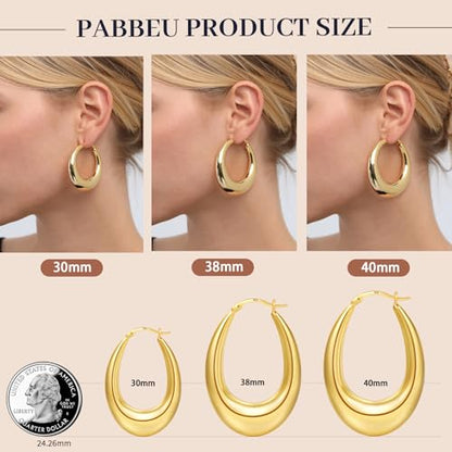 PABBEU Chunky Silver Hoops Earrings for Women Hypoallergenic | Lightweight 925 Sterling Silver Oval Hoop Earring, Sterling Silver Thick Hoop Earrings for Women Gift 25/28/30/38/40mm - color: 38mm Gold