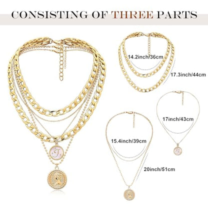 MJartoria Layered Necklaces for Women Trendy Retro Mother of Pearl Coin Letter Pendant Necklace Dainty Chunky Chain Choker Necklaces for Jewelry Birthday Gifts - style: J