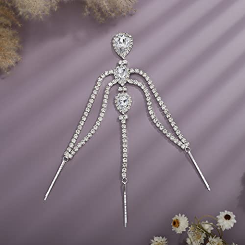 Bohemian Full Silver Rhinestone Chain Claer Crystal Head Chain Clip Drop Pendant HeadPieces Forehead Headband Hair Accessories for Wedding Brides Party Prom Costume (Silver) - color: Silver