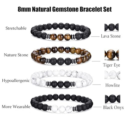 RANKEEF Tiger Eye Bracelet For Men 8MM Natural Stone Stretch Adjustable Black Crystal Beaded Bracelet for Men Women Gifts - color: 4,black,white,brown