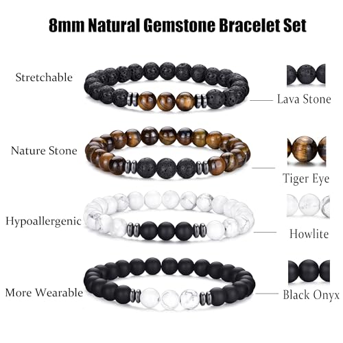 RANKEEF Tiger Eye Bracelet For Men 8MM Natural Stone Stretch Adjustable Black Crystal Beaded Bracelet for Men Women Gifts - color: 4,black,white,brown