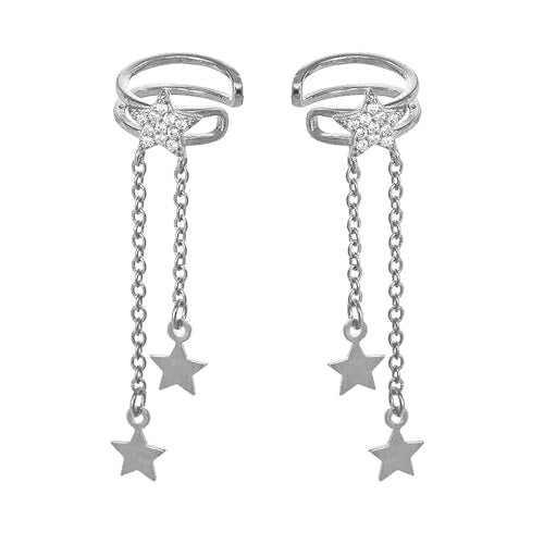 Dainty Star Tassel Dangle Ear Cuff Cartilage Clip On Earrings for Women 925 Sterling Silver Cubic Zirconia Crystal Small Huggie Hoops Chain Link Drop Dangling Layered Wrap Earring Fashion Birthday Jewelry Gifts Hypoallergenic Clips - color: Silver
