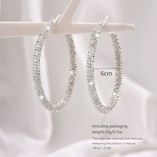 Large Gold Rhinestone Hoop Earrings Silver Sparkly Big Hoop Earrings for Women Black Earring Bling Chunky Silver Hoops 60mm Trendy Statement Earring for Women Bling Hoop for Prom Wedding Party Chunky Jewelry - style: Silver-Plated Hoops 60mm