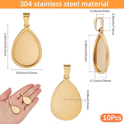 1 Box 10Pcs Gold Teardrop Bezel Pendant Trays Stainless Steel Cabochon Bezel Bulk Stylish Water Drop Shaped Bezel Pendant Trays for Jewelry Making Bracelet Necklace DIY Crafts Adult Beginner - style: gold drop