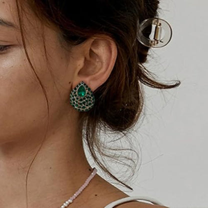 SELOVO Rhinestone Teardrop Big Stud Earrings Clip On Earrings - color: Green