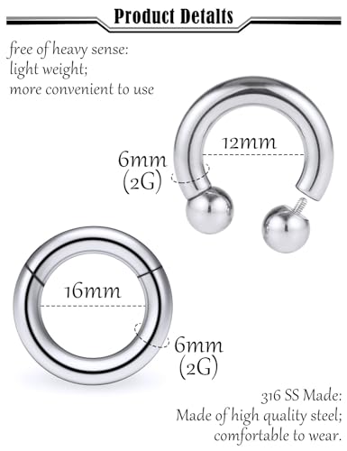 12G-2G Large Septum Ring Piercing PA Ring Hypoallergenic 316L Surgical Steel Septum Nose Rings Gauges Earrings Hoops CBR Body Piercing Jewelry for Women Men Inner Diameter 12mm 14mm 16mm - color: Silver, size: 2G-12mm 16mm