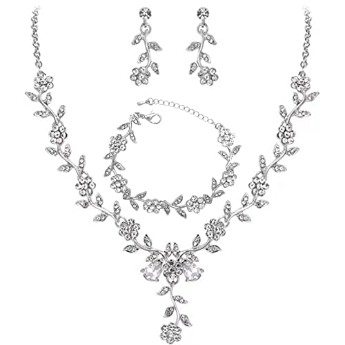 Flower Leaf Crystal Pendant Necklace Dangle Earrings Link Bracelet Bride Bridesmaid Jewelry Sets for Women Wedding Party - color: White-Platinum Plated