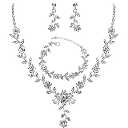 Flower Leaf Crystal Pendant Necklace Dangle Earrings Link Bracelet Bride Bridesmaid Jewelry Sets for Women Wedding Party - color: White-Platinum Plated
