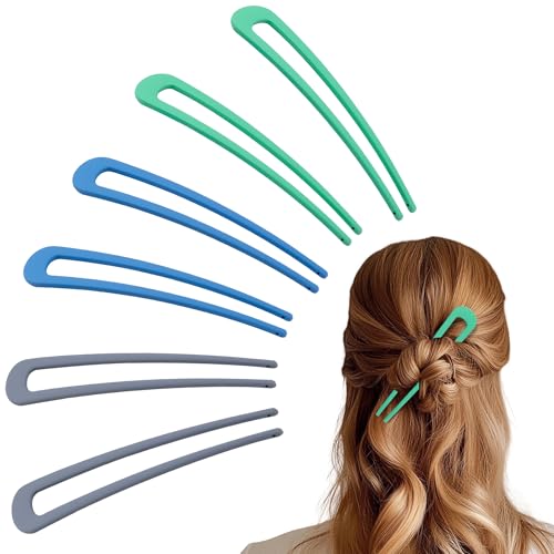 6Pcs Metal French Hair Pins for Women U Shape Sticks 3.9 Inch Vintage Fork for Hairstyle Accessories(Blue/Green/Grey） - color: Blue/Green/Grey