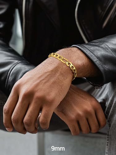 PROSTEEL Bracelets for Men, Figaro/Cuban Mens Bracelet, Silver/Gold/Black | 6/9/13mm Width, 7.5/8.3/9" Length, Stainless Steel Mens Bracelet, Durable & Non Tarnish, Chunky Jewelry with Gift Box - style: B 9mm-Figaro-Gold