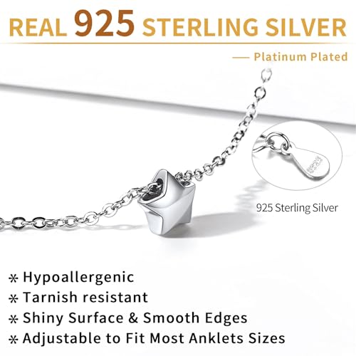ChicSilver Personalized 925 Sterling Silver Tiny Heart/Moon/Star/Sun/Dot/Triangle Anklets Simple Dainty Foot Jewelry for Women, Silver/Gold Plated/Rose Gold Plated - style: Silver Star