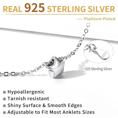 ChicSilver Personalized 925 Sterling Silver Tiny Heart/Moon/Star/Sun/Dot/Triangle Anklets Simple Dainty Foot Jewelry for Women, Silver/Gold Plated/Rose Gold Plated - style: Silver Star Custom