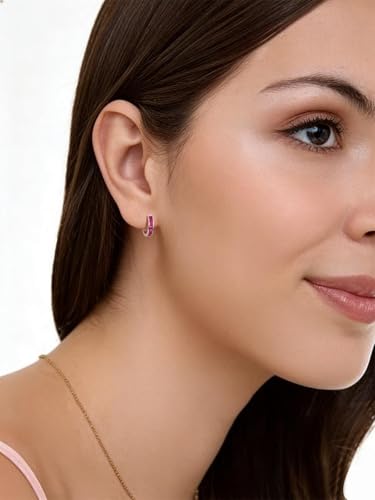 Chunky Emerald Sapphire Ruby Hoop Earrings, Princess or Round Cut, 14k Yellow Gold Plated Sterling Silver Cubic Zirconia Huggie Earings Minimalist Hoops Earrings for Women Wedding Daily Birthday - style: Princess cut -Ruby -Silver
