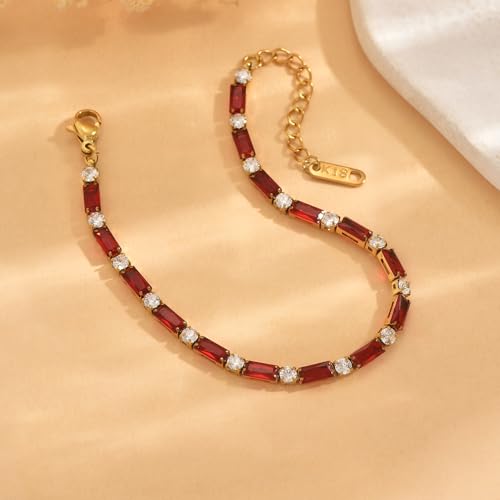 18K Gold Plated Multi-Color Classic Tennis Bracelet for Women Dainty Color 3mm Rainbow Cubic Zirconia Bracelet Adjustable CZ Gold Bracelets Trendy Summer Jewelry Gift - style: Red-Gold