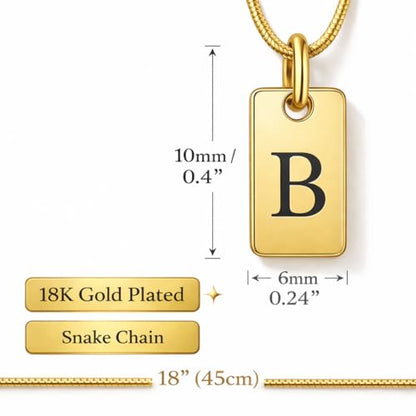 Initial Necklace in 18K Gold Plated, Personalized Engraved Letter Pendant, Gold Snake Chain, 6×10 mm Rectangle Charm for Women - color: B