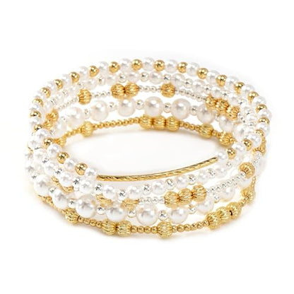 14K Gold Plated Beaded Bracelets Stack Set for Women,Stretch Boho Ball Jewelry Friendship Trendy - color: Gold silver pearl