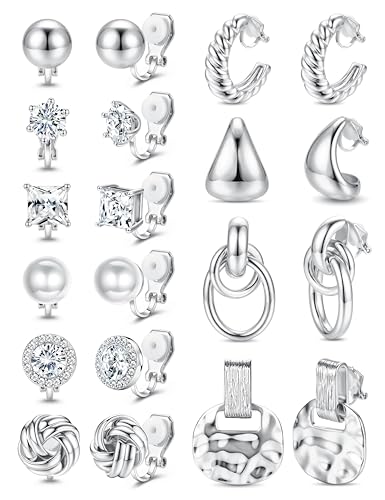 LOLIAS Clip On Earrings for Women 14K Gold Plated Clip Earrings Non Pierced | Hypoallergenic Ears Clips CZ Pearl Knot Twist Chunky Hoop and Studs Earring Set Lightweight Fake Earings Jewelry - style: 10Pairs-Silver Plated