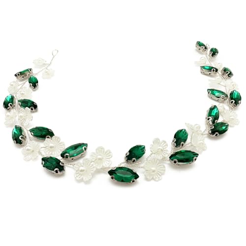 Bridal Crystal Flower Headband Wedding Rhinestone Pearl Floral Hair Vine Headpiece Accessories for Women Girls (Green Crystal Silver Vine) - color: Green Crystal Silver Vine