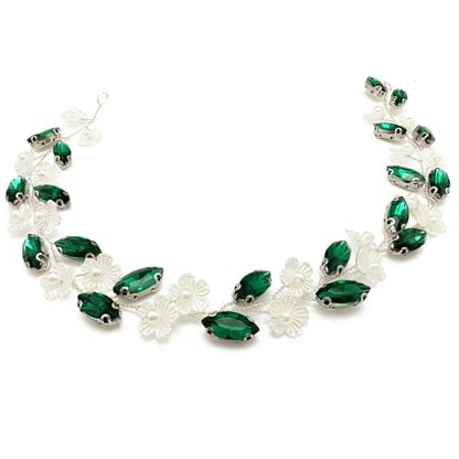 Bridal Crystal Flower Headband Wedding Rhinestone Pearl Floral Hair Vine Headpiece Accessories for Women Girls (Green Crystal Silver Vine) - color: Green Crystal Silver Vine