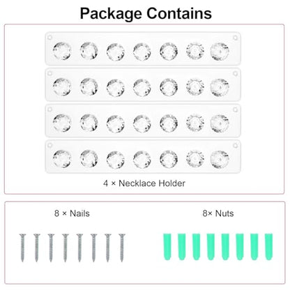 4Pcs Wall Necklace Holder for Women, Hanging Jewelry Organizer Wall Mount Crystal Holder Necklace Wall Hanger, Acrylic Bracelet Holder Organizer Jewelry Rack Adhesive Hooks Necklace Storage - style: 4 Pcs 7 Hooks