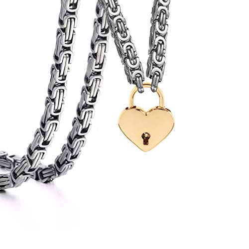 Heart Padlock Collar Stainless Steel Lock Necklace Byzantine Chain Necklace Locking Collar Choker for Men Women Jewelry - style: E