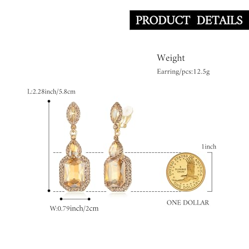 Women's Wedding Bridal Crystal Emerald Cut Infinity Figure 8 Chandelier Clip-On Dangle Earrings - color: Champagne Gold-Tone