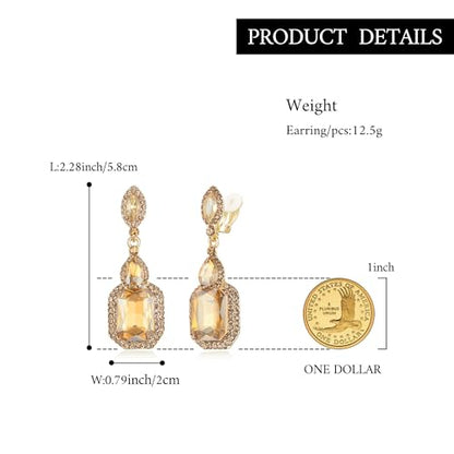 Women's Wedding Bridal Crystal Emerald Cut Infinity Figure 8 Chandelier Clip-On Dangle Earrings - color: Champagne Gold-Tone