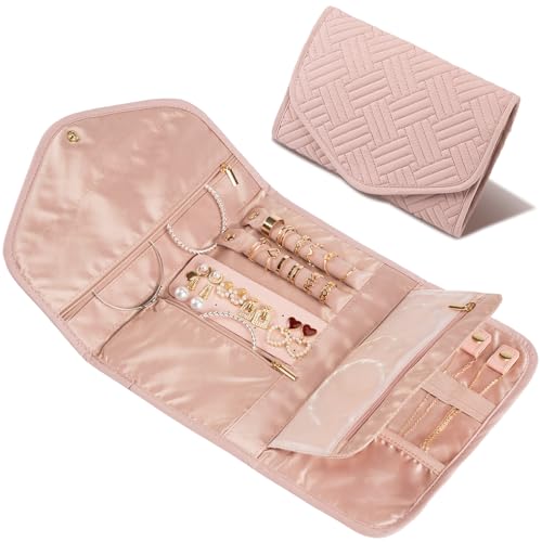 Amrules Travel Jewelry Organizer Bag Anti-Tangle Foldable Small Jewelry Roll Travel Case Accessory for Necklaces, Earrings, Rings, Bracelets, Watches, Pink - color: Pink, size: Medium