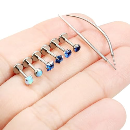 F136 Titanium 20/18/16g Internally Threaded Medusa Monroe Lip Ashley Labret Nose Rings Flat Back Tragus Helix Cartilage Conch Screw Stud Earrings Surgical Steel Piercing Jewelry for Women - color: Blue CZ, size: 18g*1/4in