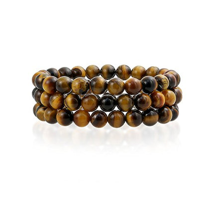 Bling Jewelry Unisex Stackable Set Of 3 Gemstone Round Bead 8MM Stretch Bracelet For Women Teen Men Multi Strand Stacking Adjustable - color: Brown Tigers Eye