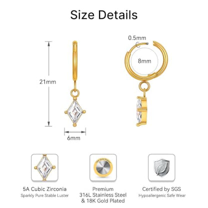 Surgical Steel Hoop Earrings for Women - Hypoallergenic Small Cartilage Huggies with Cubic Zirconia Dangle - color: Clear CZ-18K Gold Plated