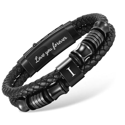 Initial Braided Leather Bracelets for Men - Double-Row Braided Mens Leather Bracelet Adjustable Wristband Initial Bracelet with Stainless Steel Clasp Unique Jewelry Gifts for Husband Dad Friend Son - color: Initial I
