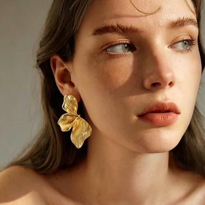 OGD Chunky Gold Statement Earrings For Women Trendy Gold Plated Sectored Flower Leaf Angel Wing Earrings Large Stud Jewlery Hypoallergenic - color: Flower-Gold