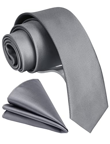 GUSLESON 2.4" Slim Necktie and Handkerchief Set For Men Solid Skinny Tie Set - color: Gray