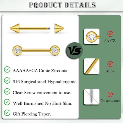 Cisyozi 14G Nipple Piercing Jewelry Tongue Ring for Women Men Hypoallergenic 316L Surgical Steel Silver Gold Straight Tongue Nipple Barbell Bar Ring Bridge Piercing Jewelry 14mm 9/16 inch - color: Gold