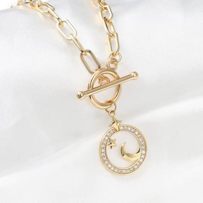 DoreenBeads 18K Gold Sun Moon Star Compass Pendant Necklace | Chunky Toggle Paperclip Chain Necklace with Heart Daisy Bee Charms for Women Girls 20 Inches - color: Crescent Moon & Star