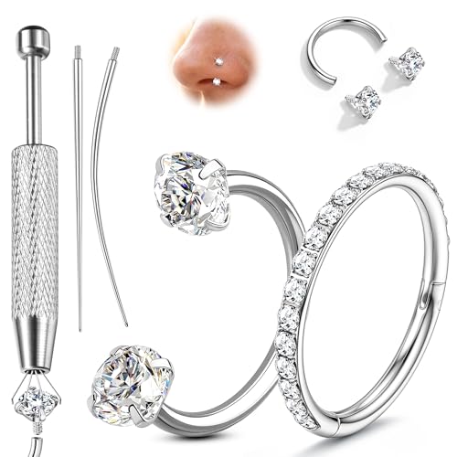 ORAZIO 18G Horseshoe Nose Rings for Women Men Double Gem Horse Shoe Nose Ring Hoops Surgical Steel Silver Gold Cartilage Helix Tragus Daith Earrings Labret Lip Piercing Jewelry Cute Small Septum Rings - color: Silver-White CZ Hoop