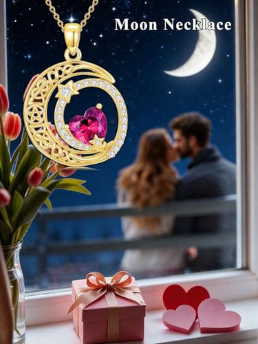 Midari 18K Yellow Gold Sun Moon Star Pendant Rose Flower Necklaces I Love You Forever Sun Moon Jewelry Gift for Mother Women - color: 07-Jul-Ruby, style: Moon&Star