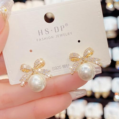 Pearl Bow Earrings for Women Coquette Aesthetic Jewelry Rhinestone Bow Earrings for Bridesmaids Wedding Party Accessories Bridal Costume Accents Bowknot Themed Gifts - color: A1:Bow Earrings