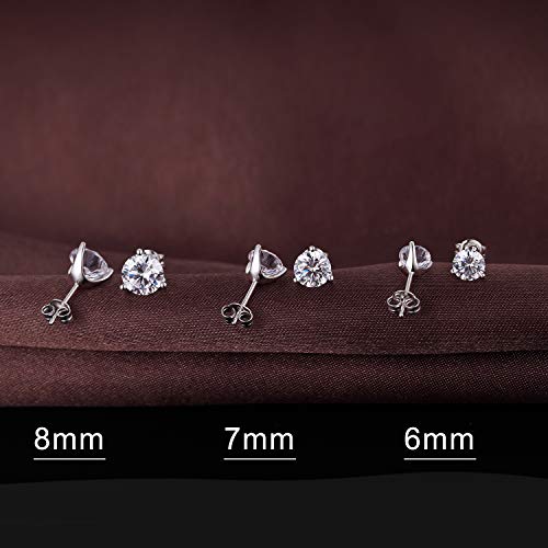 Jiamiaoi 18K White Gold Plated Stud Earrings 925 Sterling Silver Round and Square Cut Princess Cut 5A+ Cubic Zirconia Stud Earrings 4mm to 8mm Fashion Jewelry for Men Women - color: C-White-Three Prongs, size: 4mm