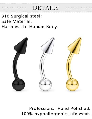 18Pcs Angel Bites Piercing Jewelry Surgical Steel Vertical Labret Lip Jewelry 16G Snake Bites Piercing Jewelry Curved Barbell Long Spike Eyebrow Rings for Women Men Bar Length 6mm/8mm/10mm - style: spike length 4mm
